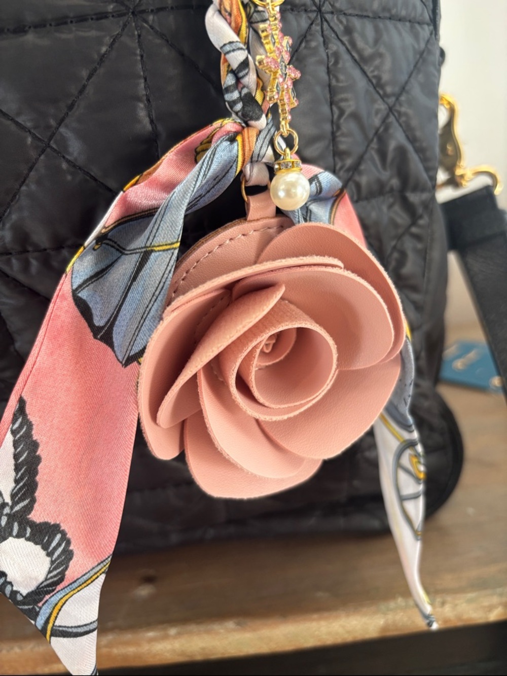 CC CHANEL Upcycled charm, camellia flower and twilly, bag charm. 8 inches tall